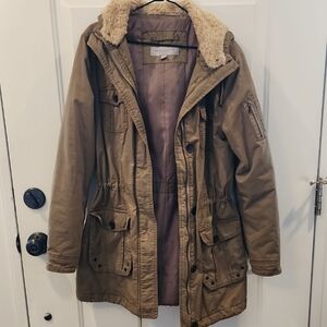 Andrew Marc Women's Olive Green Utility Jacket with Faux Fur Hood Trim